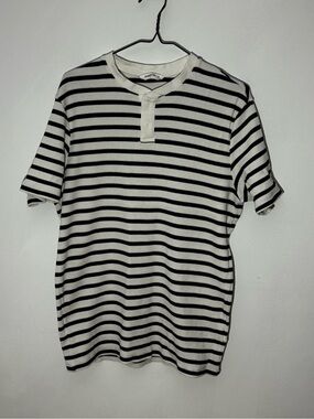Reserved Men’s Striped Henley T-Shirt White Navy Size M